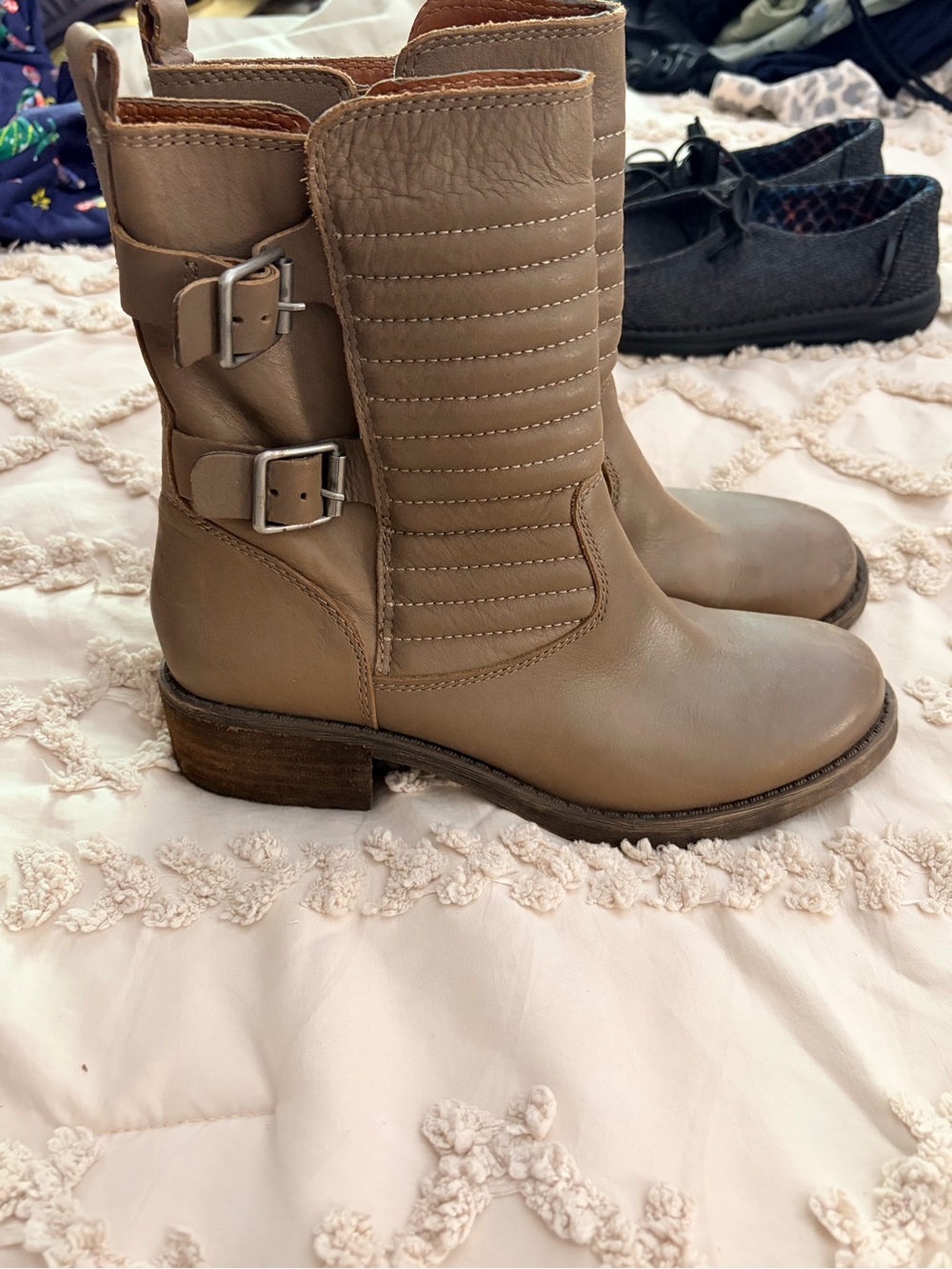 Lucky Brand Taupe Buckle Mid-Calf Leather Boots